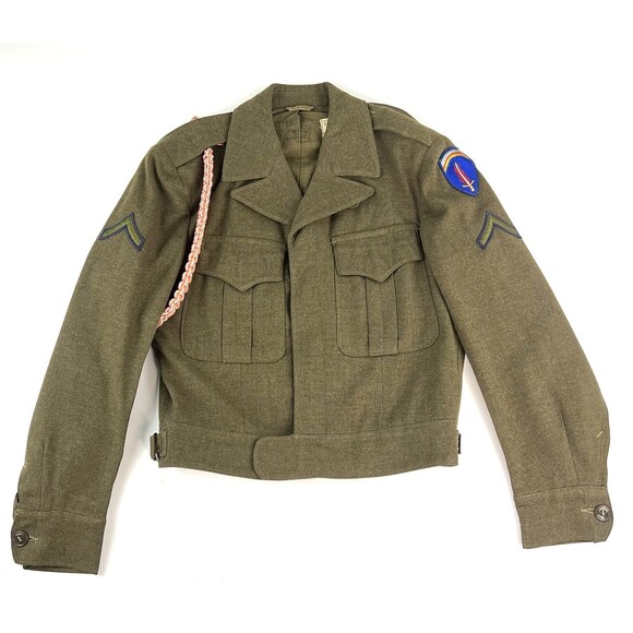 VTG 40s US Army Military Field OD Ike Wool Jacket 34S Green Security Sportswear - Picture 1 of 13